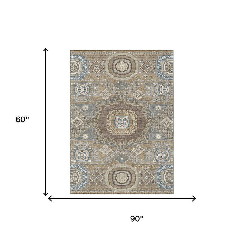 5' X 8' Taupe And Beige Oriental Washable Indoor Outdoor Area Rug Homeroots Outdoor