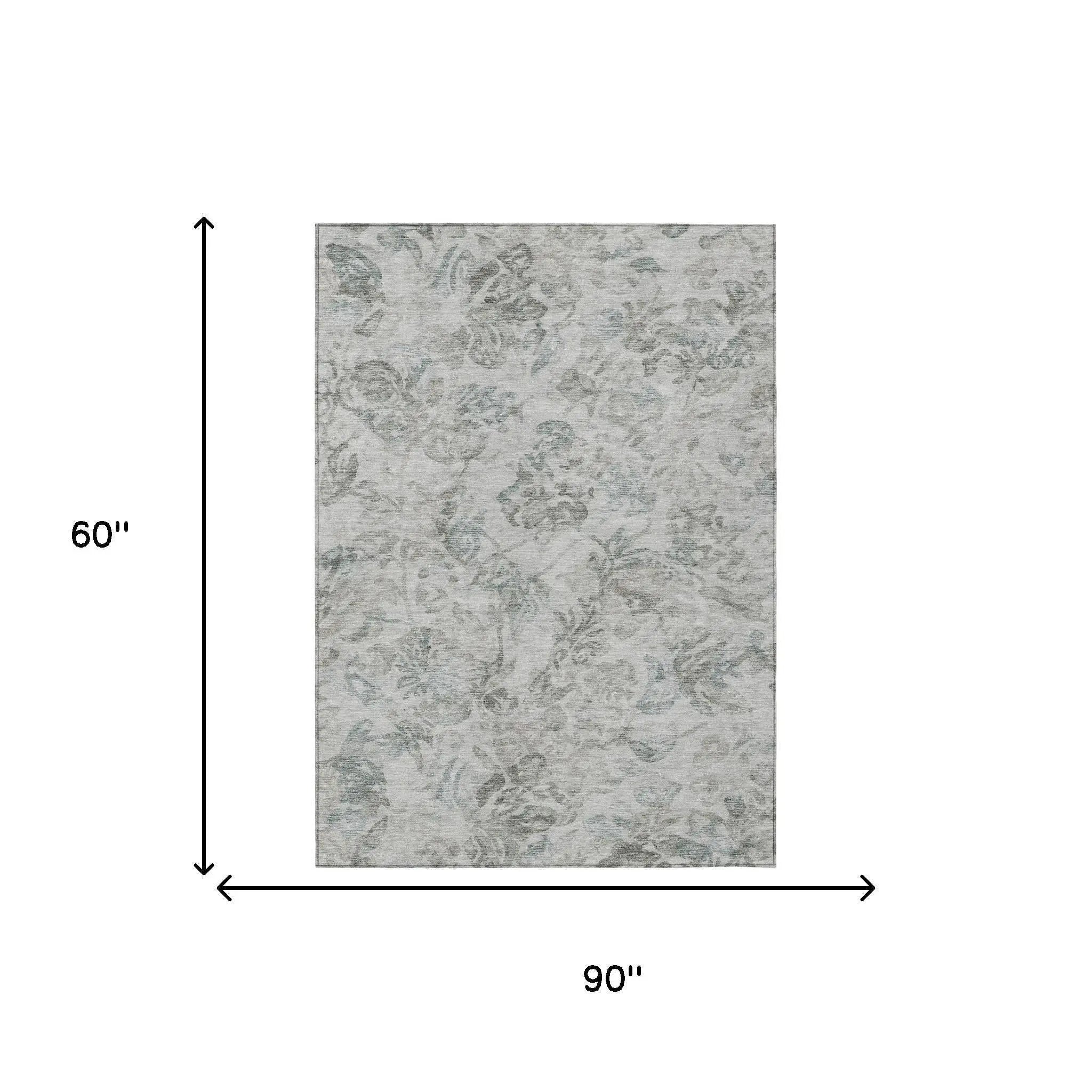 Floral-patterned area rug in soft gray and teal, 90" x 60", perfect for contemporary home decor.