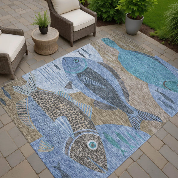 5' X 8' Taupe And Denim Blue Tropical Fish Washable Indoor Outdoor Area Rug Homeroots Outdoor