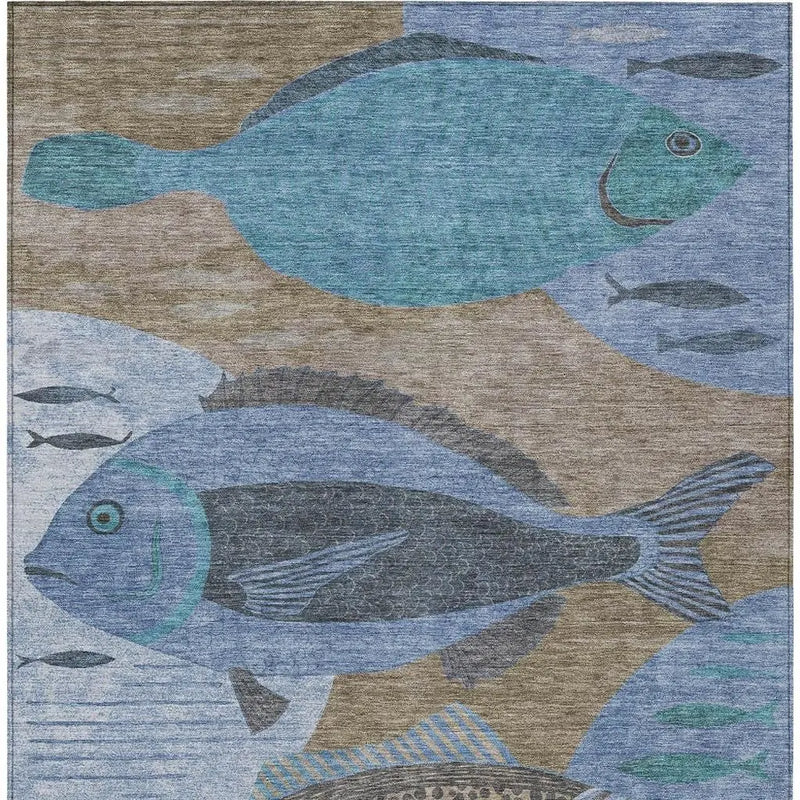 5' X 8' Taupe And Denim Blue Tropical Fish Washable Indoor Outdoor Area Rug Homeroots Outdoor