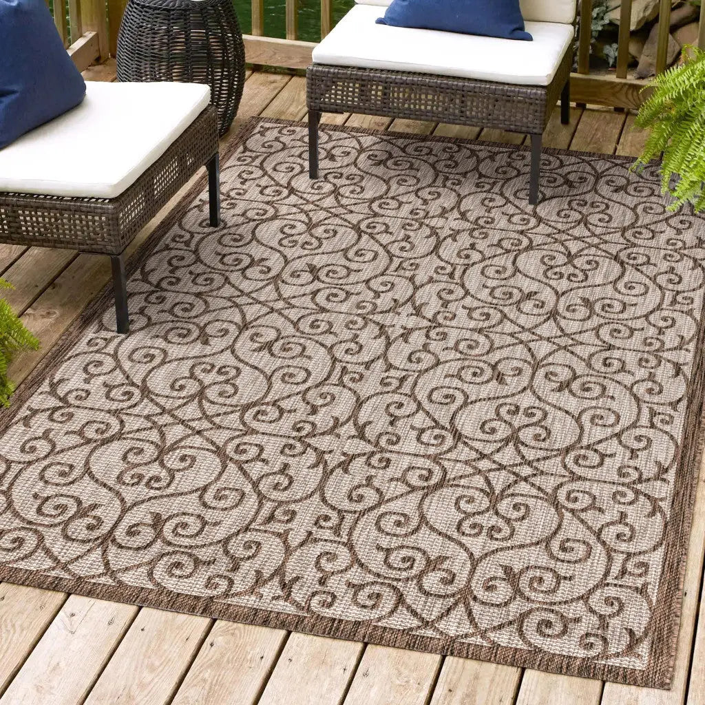 5' X 8' Taupe And Espresso Geometric Indoor Outdoor Area Rug Homeroots Outdoor
