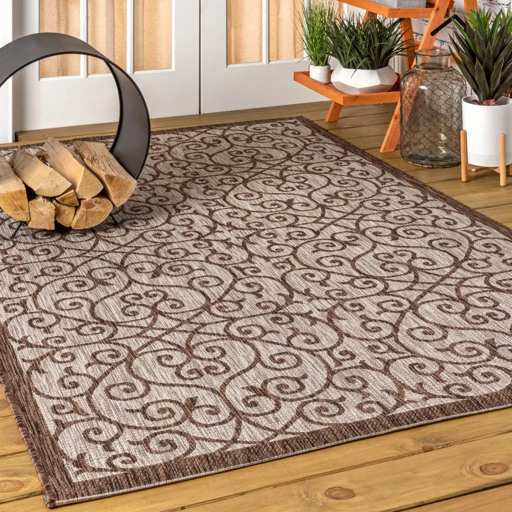 5' X 8' Taupe And Espresso Geometric Indoor Outdoor Area Rug Homeroots Outdoor