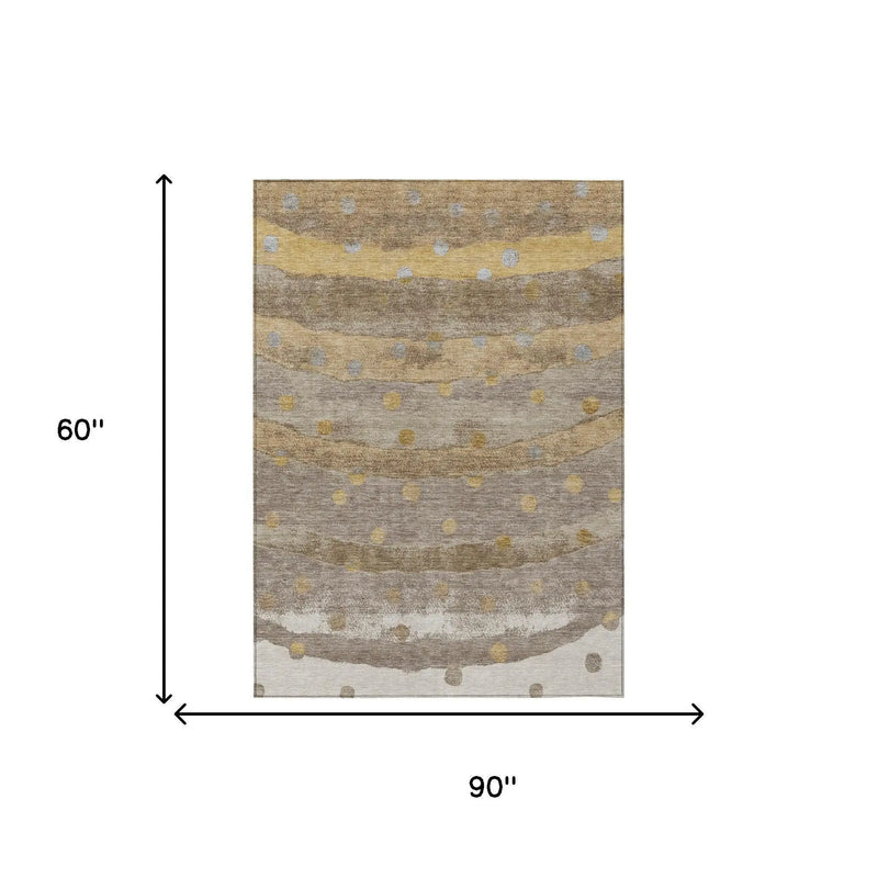 5' X 8' Taupe And Gold Striped Washable Indoor Outdoor Area Rug Homeroots Outdoor