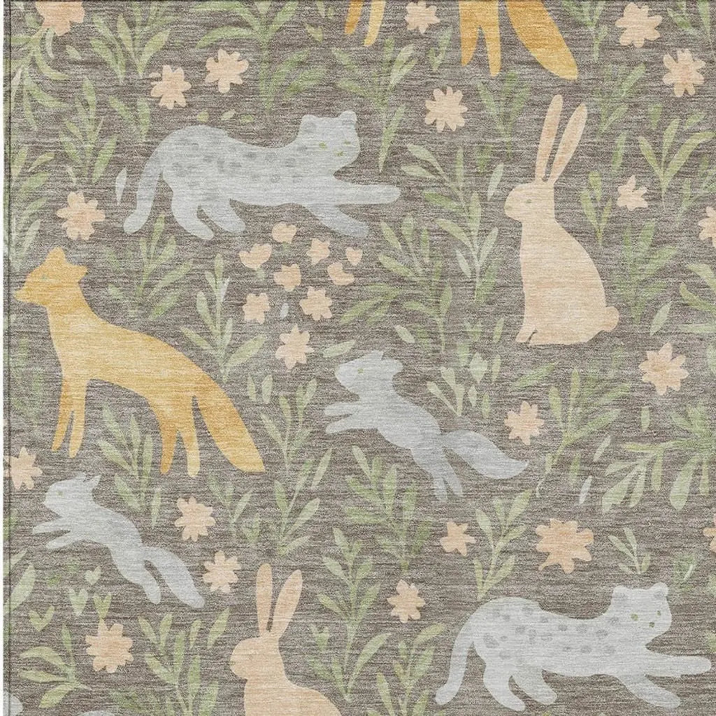 5' X 8' Taupe And Green Forest Animals And Botanical Leaves Washable Area Rug Homeroots Outdoor