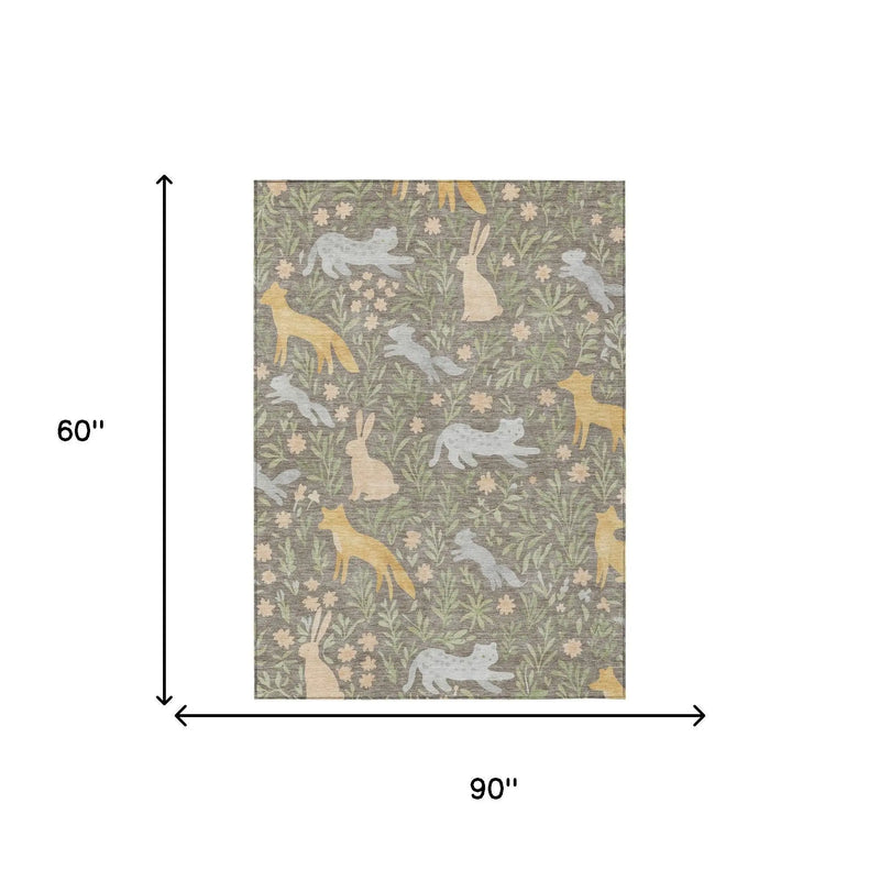 5' X 8' Taupe And Green Forest Animals And Botanical Leaves Washable Area Rug Homeroots Outdoor