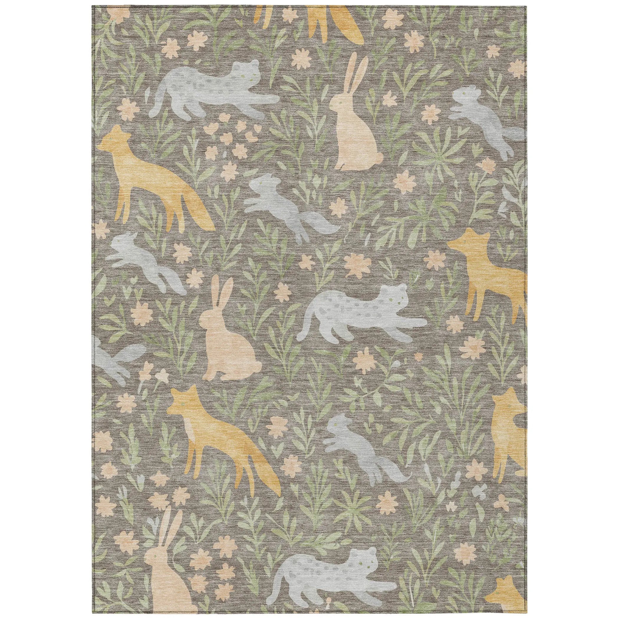 5' X 8' Taupe And Green Forest Animals And Botanical Leaves Washable Area Rug Homeroots Outdoor