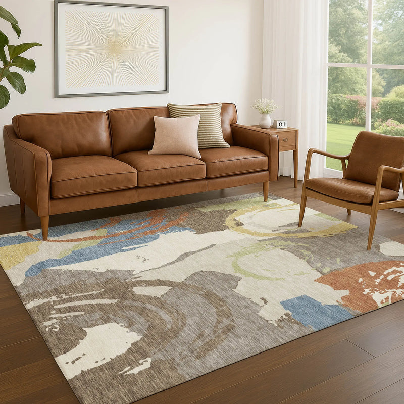 5' X 8' Taupe And Ivory Abstract Washable Indoor Outdoor Area Rug Homeroots Outdoor
