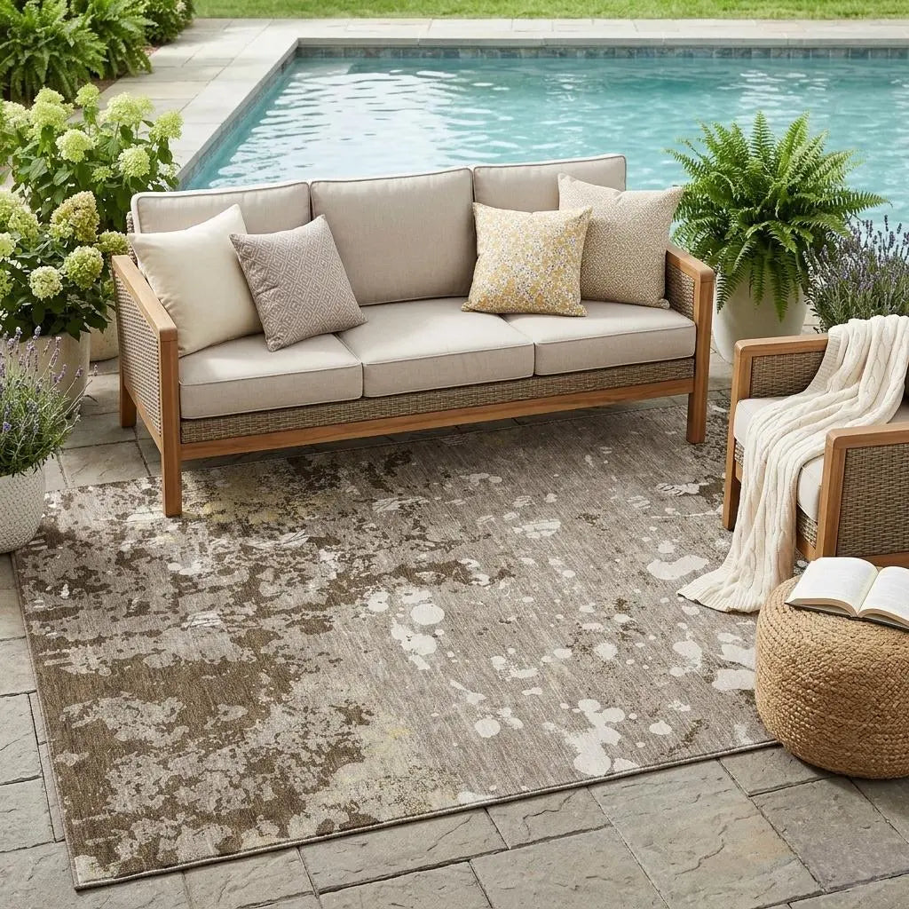 5' X 8' Taupe And Ivory Abstract Washable Indoor Outdoor Area Rug Homeroots Outdoor
