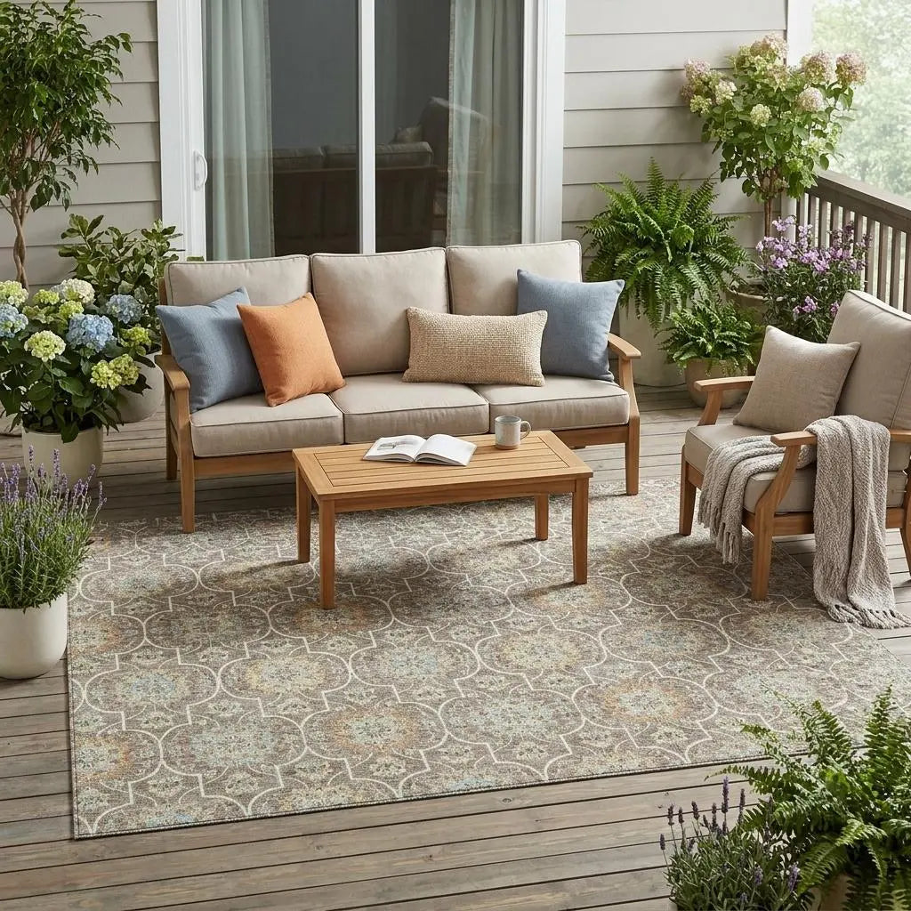 5' X 8' Taupe And Ivory Floral Medallion Washable Indoor Outdoor Area Rug Homeroots Outdoor