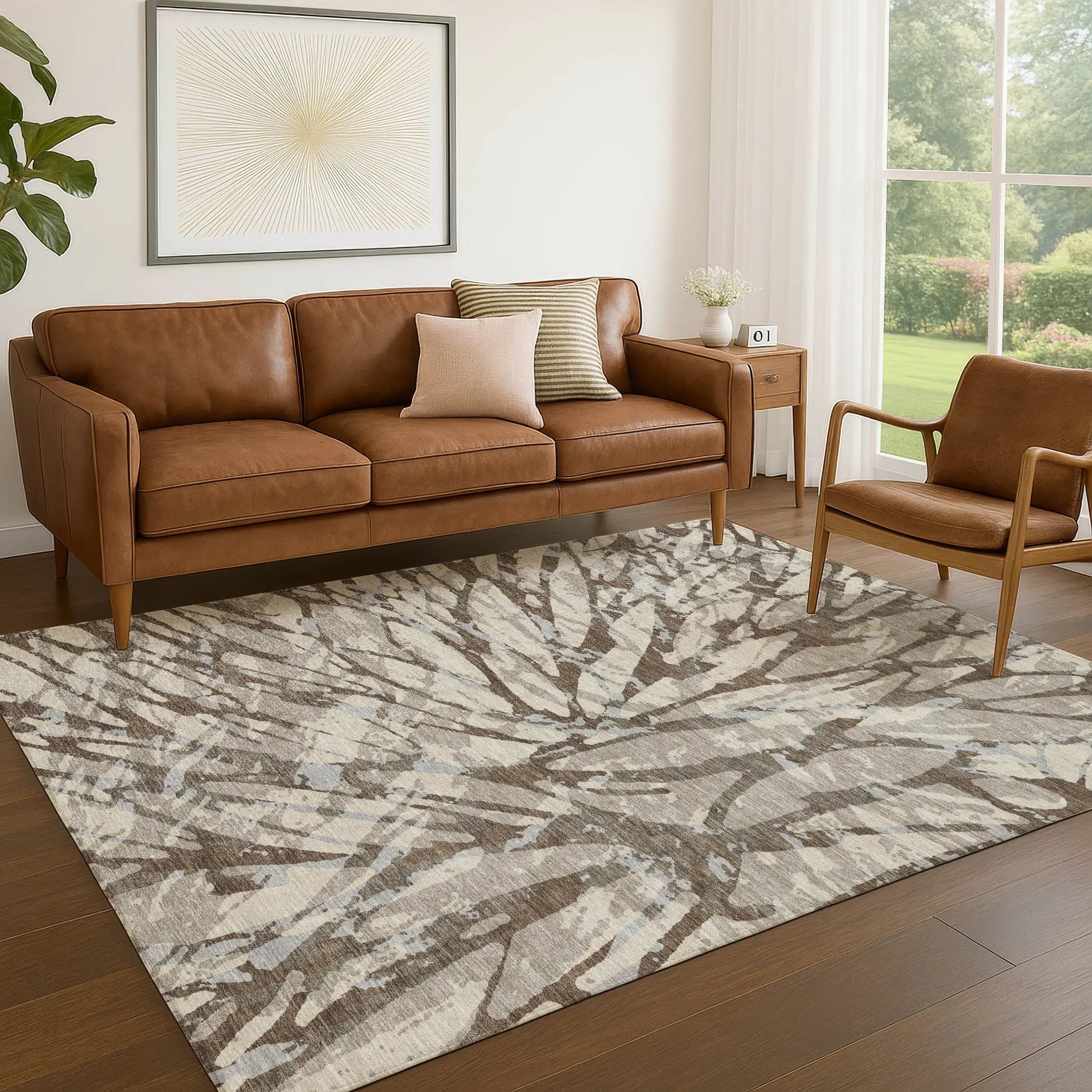 5' X 8' Taupe And Teal Blue Abstract Washable Indoor Outdoor Area Rug Homeroots Outdoor