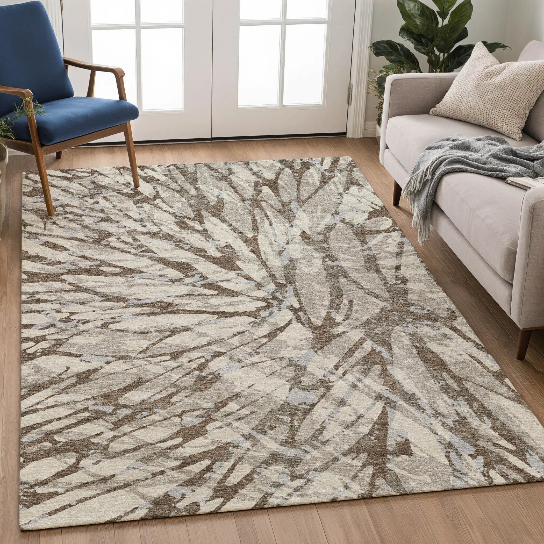 5' X 8' Taupe And Teal Blue Abstract Washable Indoor Outdoor Area Rug Homeroots Outdoor