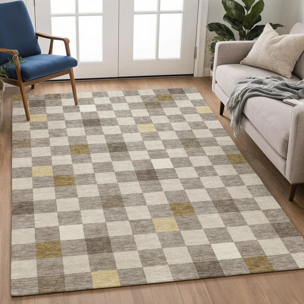 5' X 8' Taupe And Teal Blue Geometric Washable Indoor Outdoor Area Rug Homeroots Outdoor