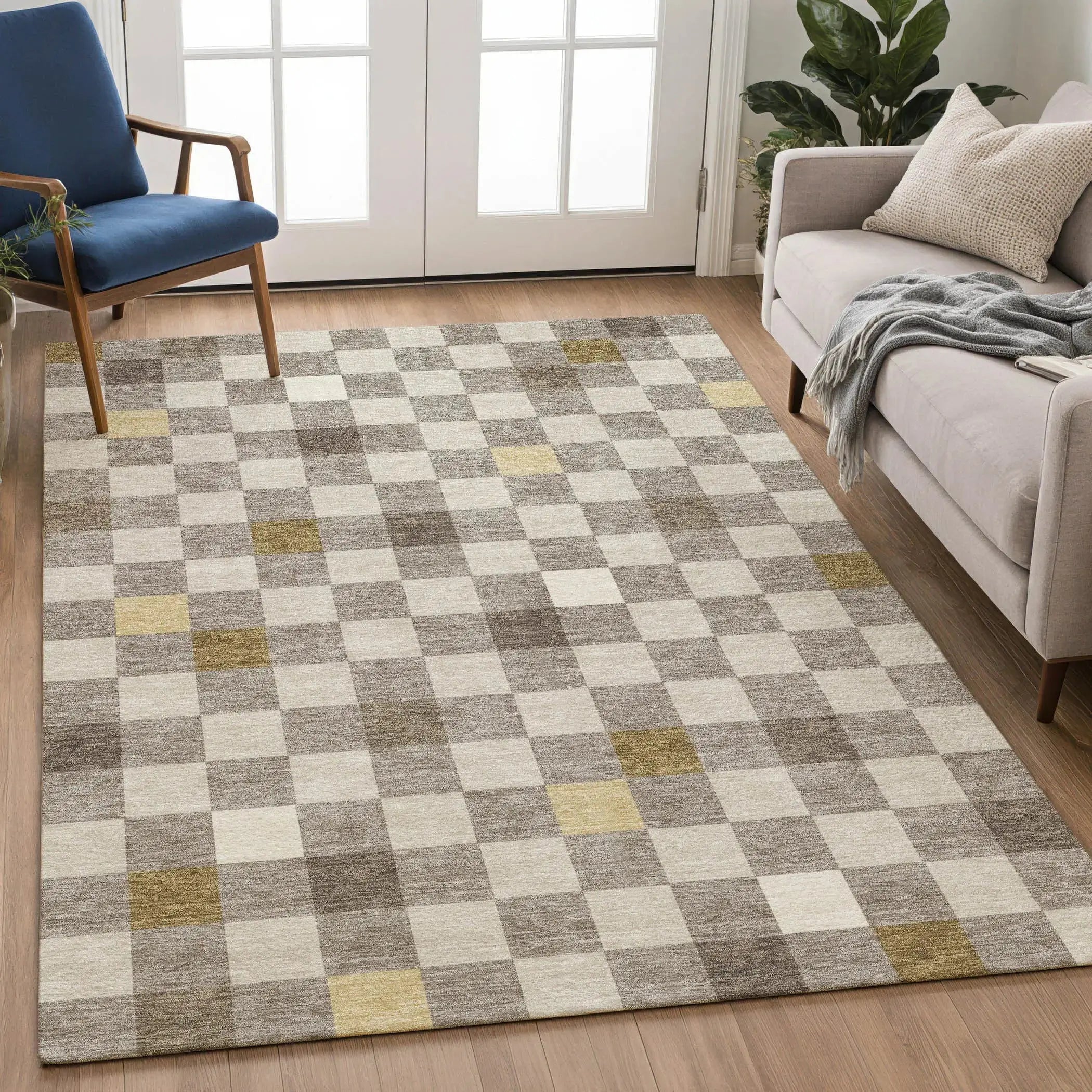 5' X 8' Taupe And Teal Blue Geometric Washable Indoor Outdoor Area Rug Homeroots Outdoor