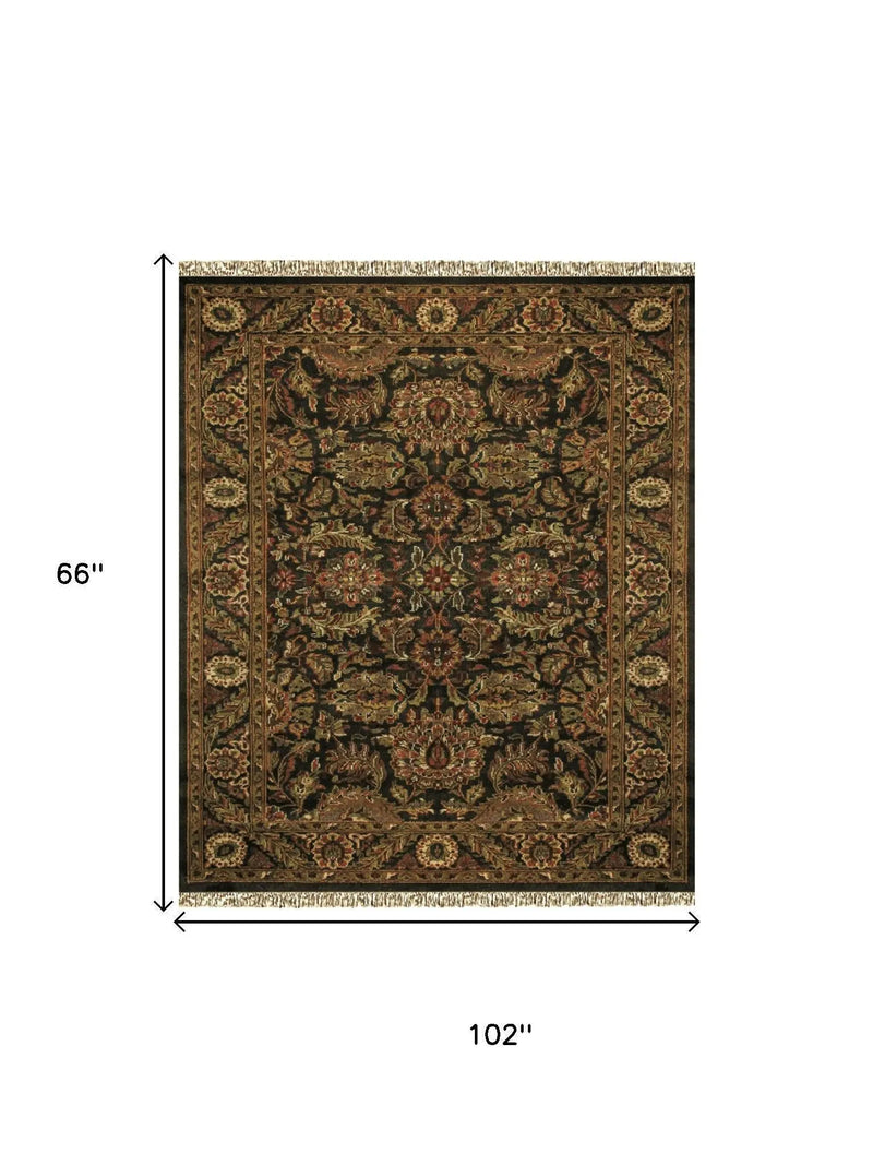 5' X 8' Taupe Green And Red Wool Oriental Hand Knotted Area Rug With Fringe Homeroots Home Decor