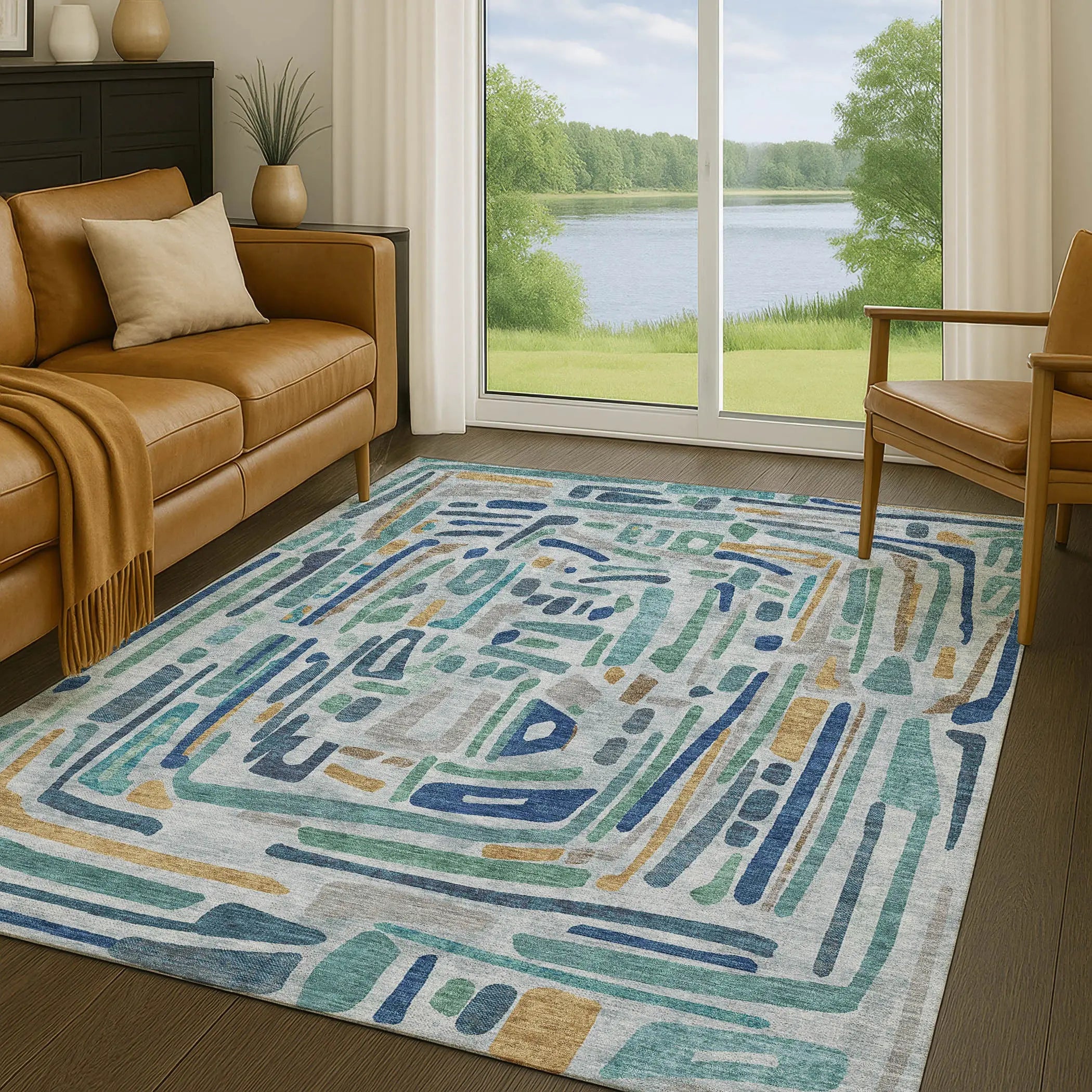 5' X 8' Teal Blue And Aqua Abstract Washable Indoor Outdoor Area Rug Homeroots Outdoor