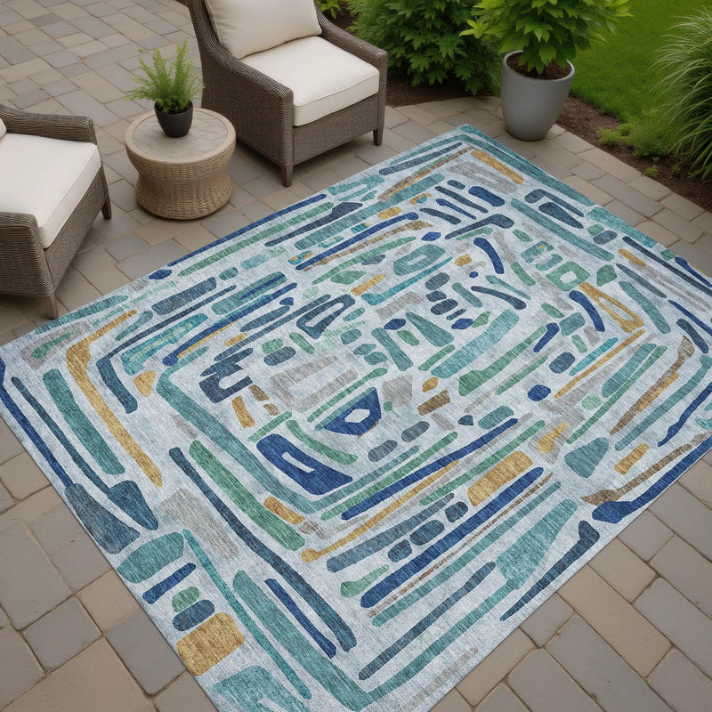 5' X 8' Teal Blue And Aqua Abstract Washable Indoor Outdoor Area Rug Homeroots Outdoor