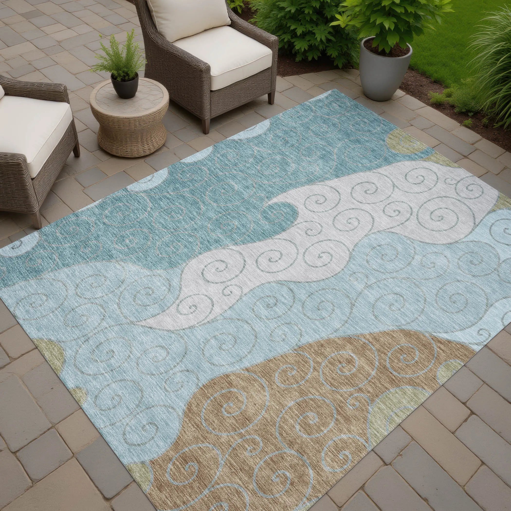 5' X 8' Teal Blue And Aqua Abstract Washable Indoor Outdoor Area Rug Homeroots Outdoor
