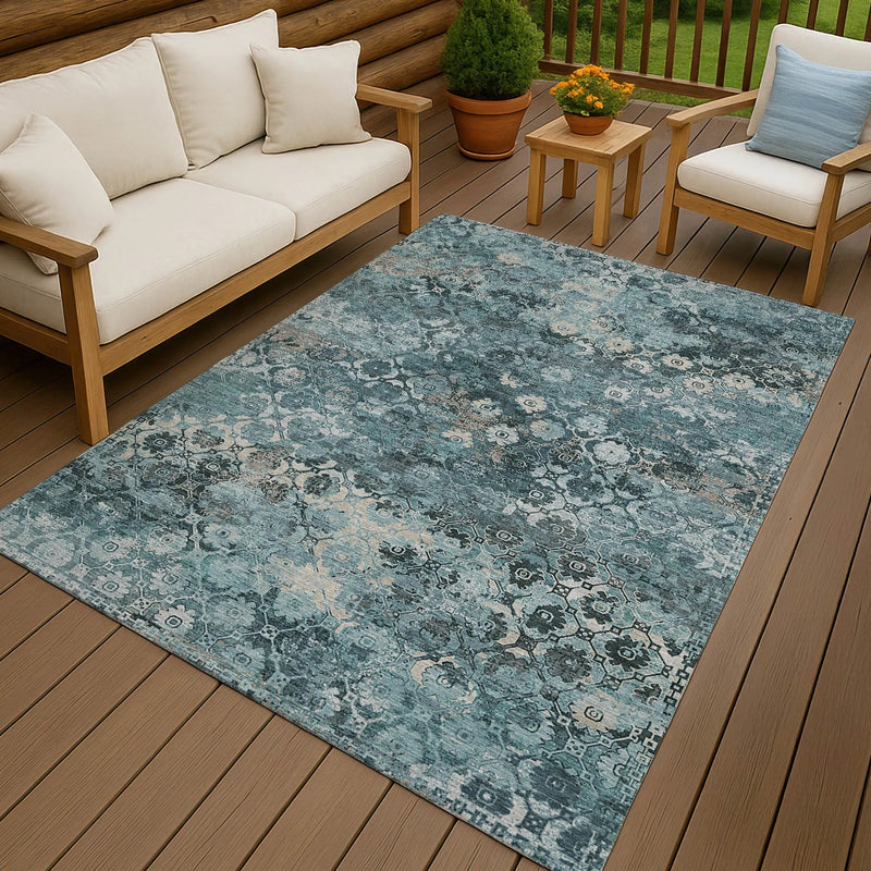 5' X 8' Teal Blue And Aqua Abstract Washable Indoor Outdoor Area Rug Homeroots Outdoor