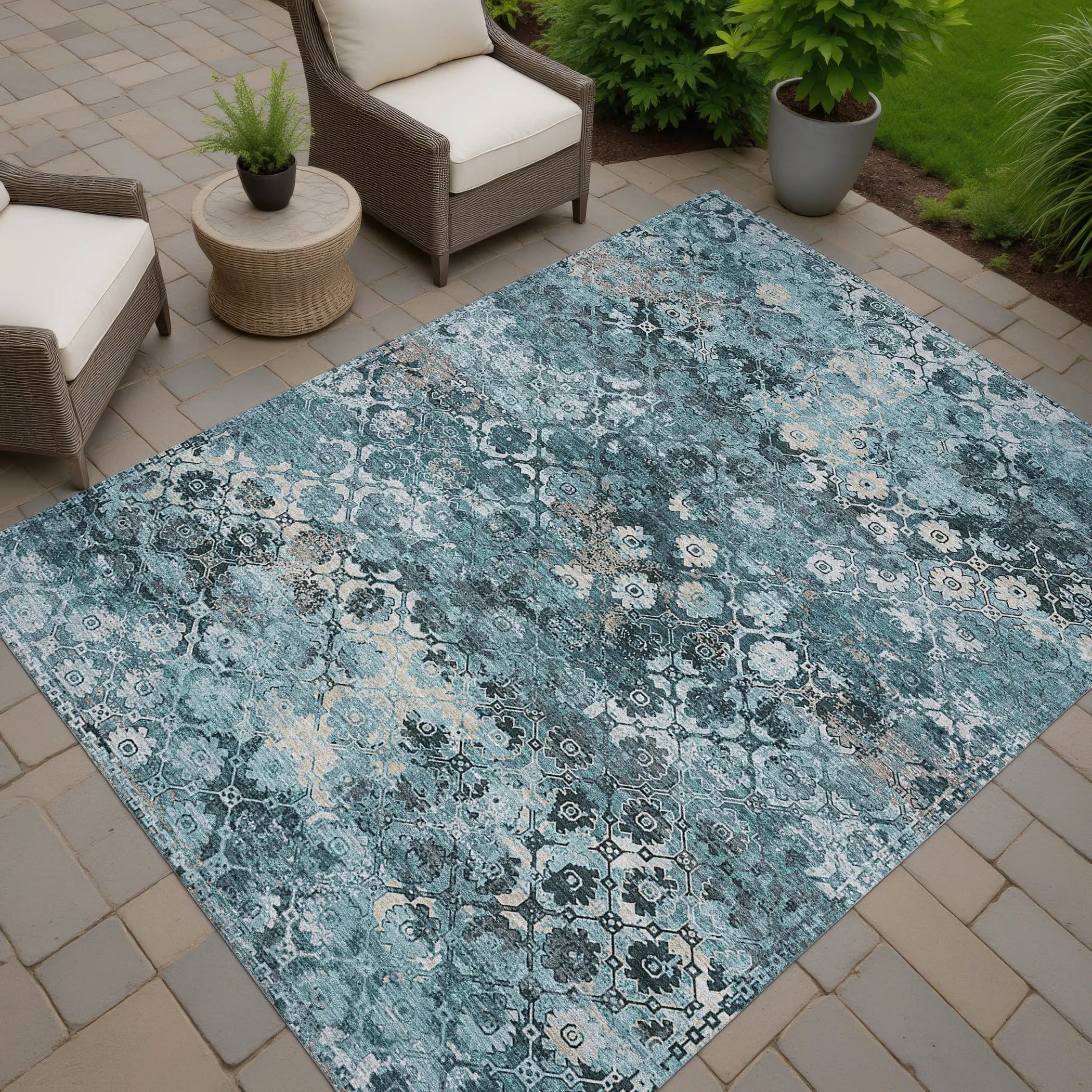 5' X 8' Teal Blue And Aqua Abstract Washable Indoor Outdoor Area Rug Homeroots Outdoor