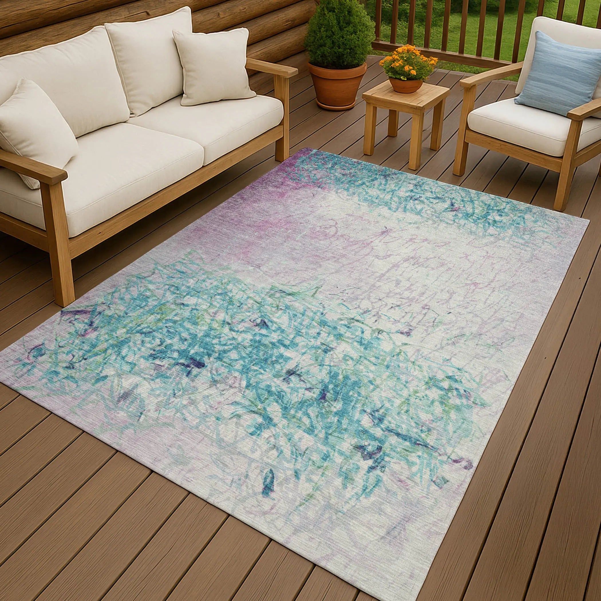 5' X 8' Teal Blue And Aqua Abstract Washable Indoor Outdoor Area Rug Homeroots Outdoor