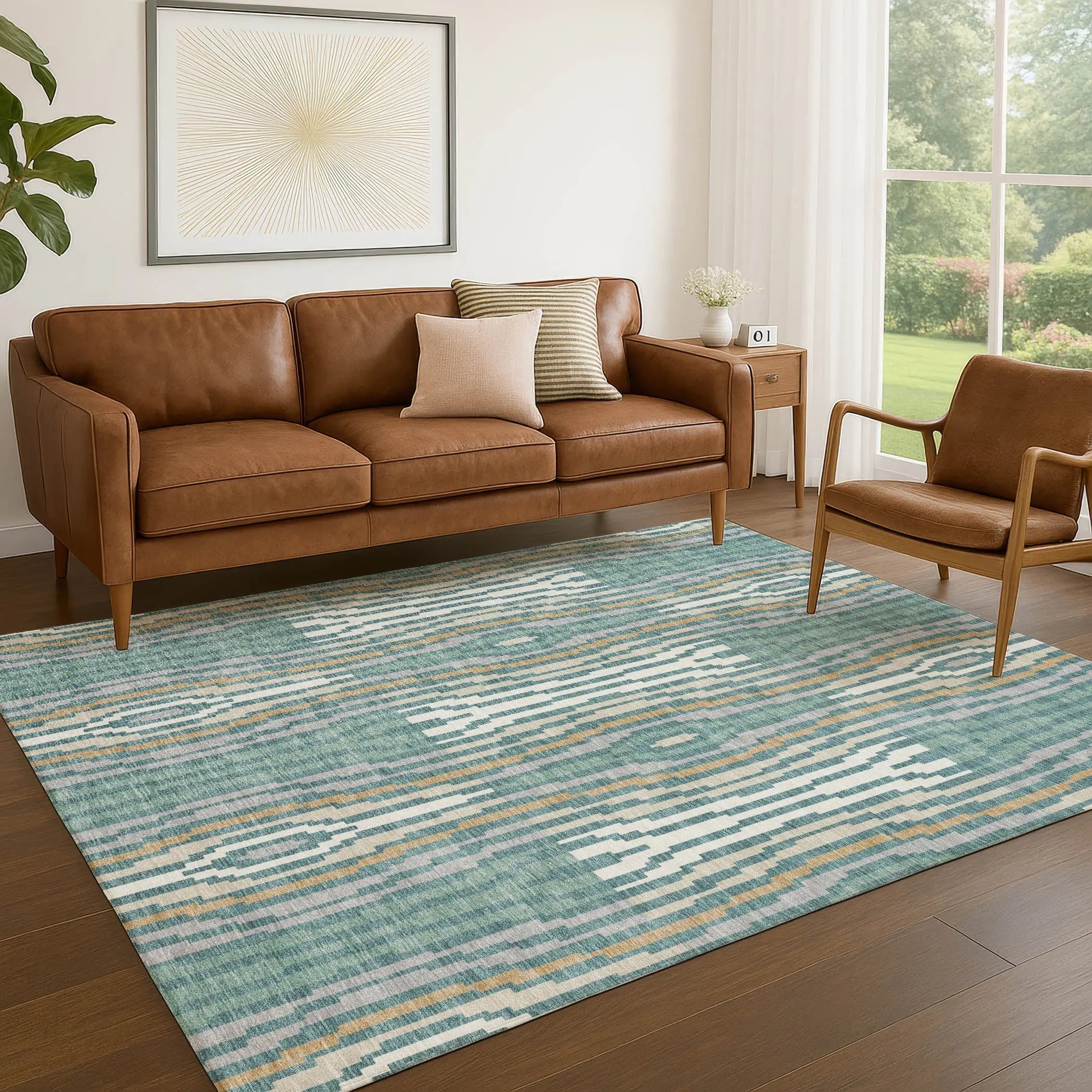5' X 8' Teal Blue And Aqua Abstract Washable Indoor Outdoor Area Rug Homeroots Outdoor