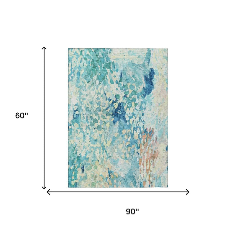 5' X 8' Teal Blue And Aqua Abstract Washable Indoor Outdoor Area Rug Homeroots Outdoor