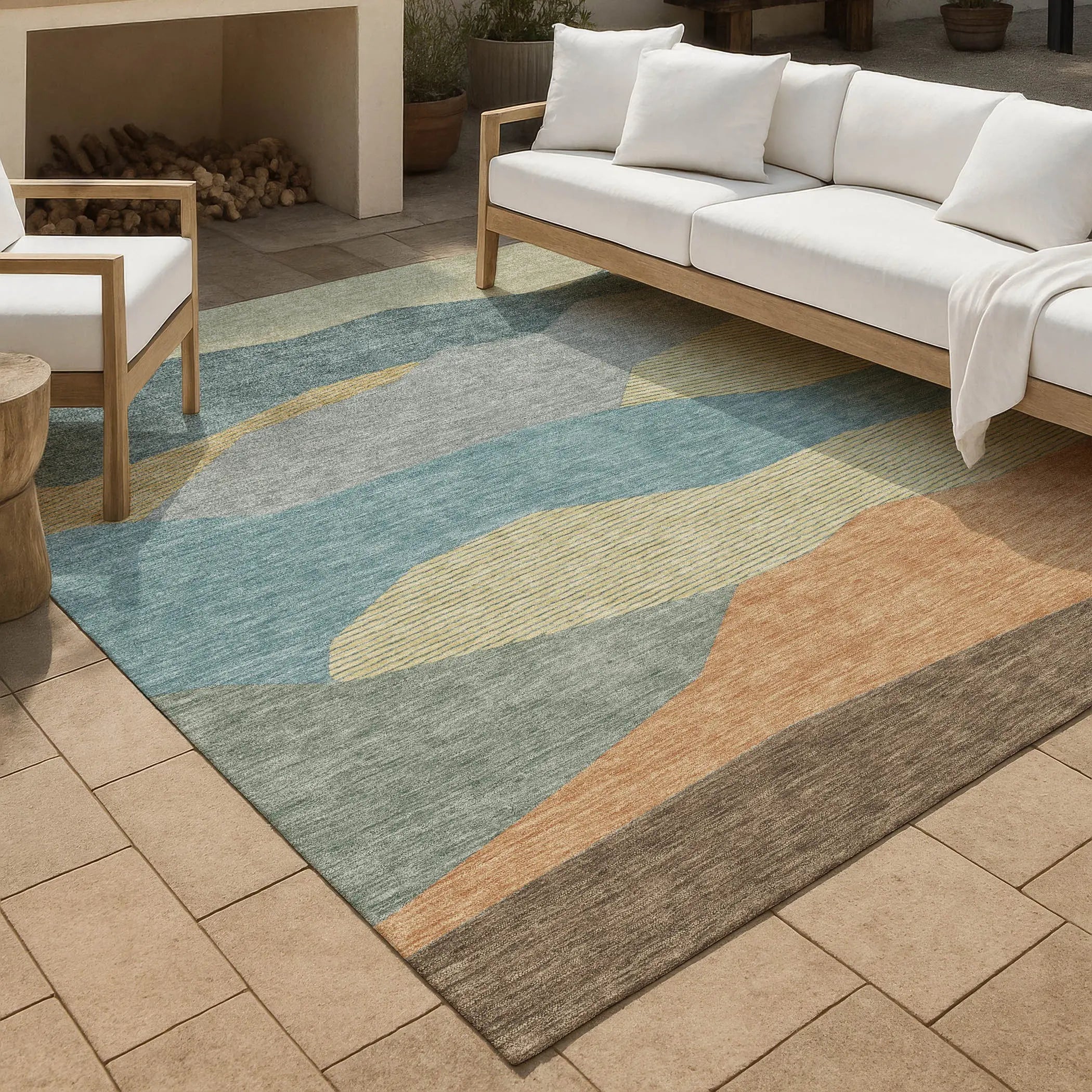5' X 8' Teal Blue And Aqua Geometric Washable Indoor Outdoor Area Rug Homeroots Outdoor