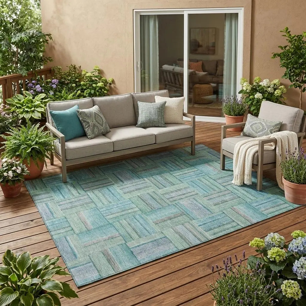 5' X 8' Teal Blue And Aqua Geometric Washable Indoor Outdoor Area Rug Homeroots Outdoor