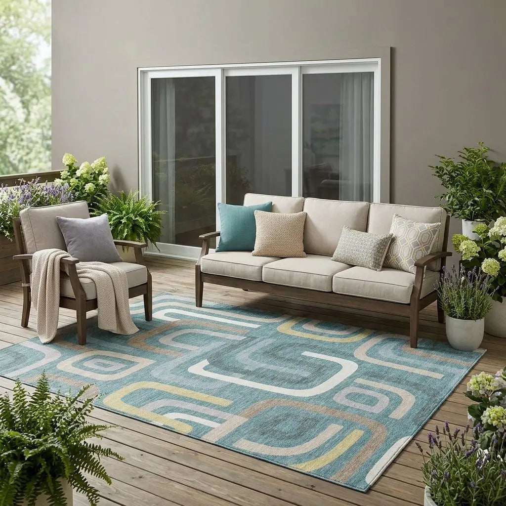 5' X 8' Teal Blue And Aqua Geometric Washable Indoor Outdoor Area Rug Homeroots Outdoor