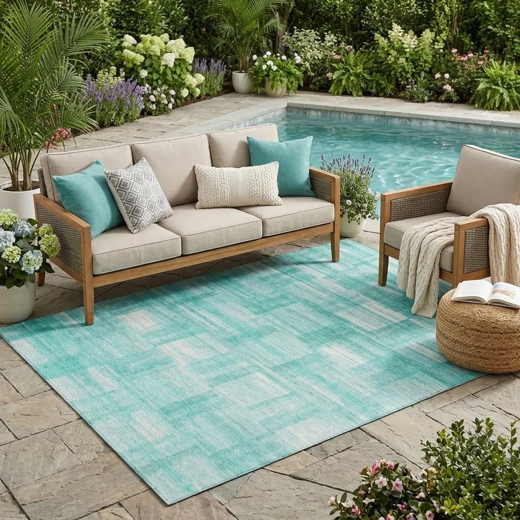 5' X 8' Teal Blue And Aqua Striped Washable Indoor Outdoor Area Rug Homeroots Outdoor