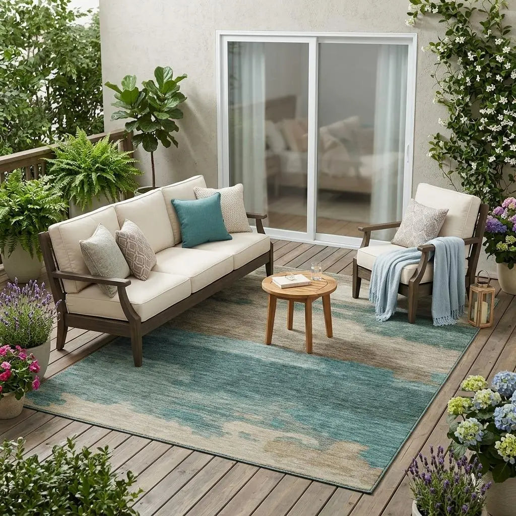 5' X 8' Teal Blue And Beige Abstract Washable Indoor Outdoor Area Rug Homeroots Outdoor