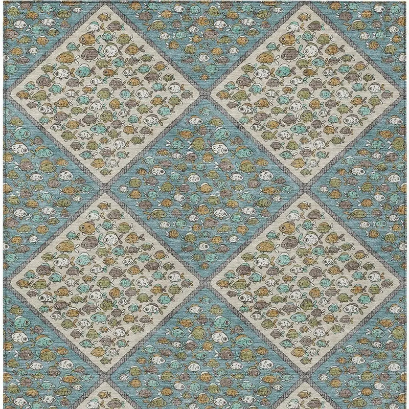 5' X 8' Teal Blue And Beige Abstract Washable Indoor Outdoor Area Rug Homeroots Outdoor