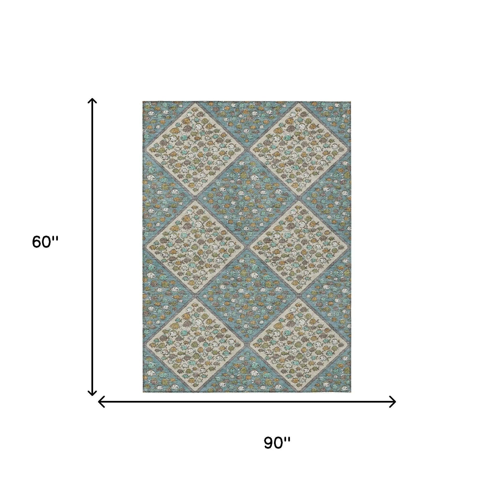 5' X 8' Teal Blue And Beige Abstract Washable Indoor Outdoor Area Rug Homeroots Outdoor