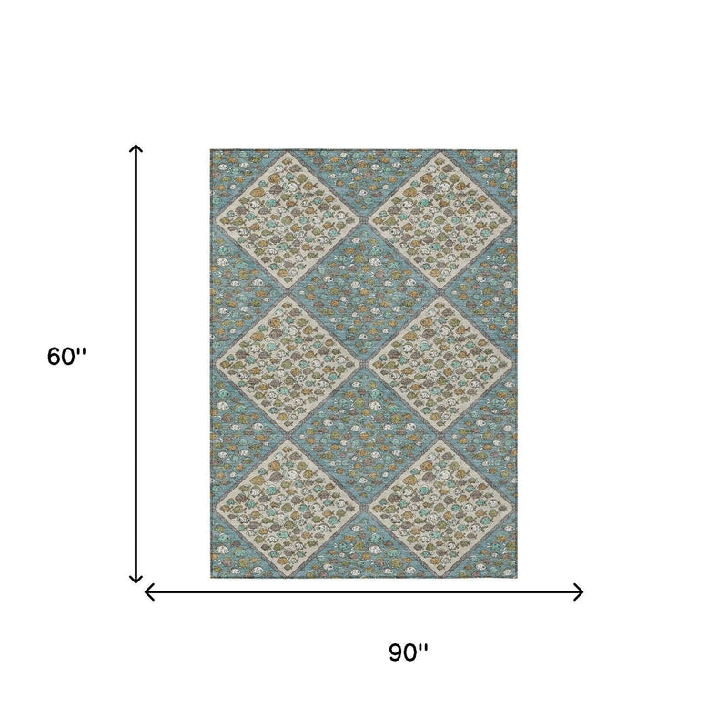 5' X 8' Teal Blue And Beige Abstract Washable Indoor Outdoor Area Rug Homeroots Outdoor