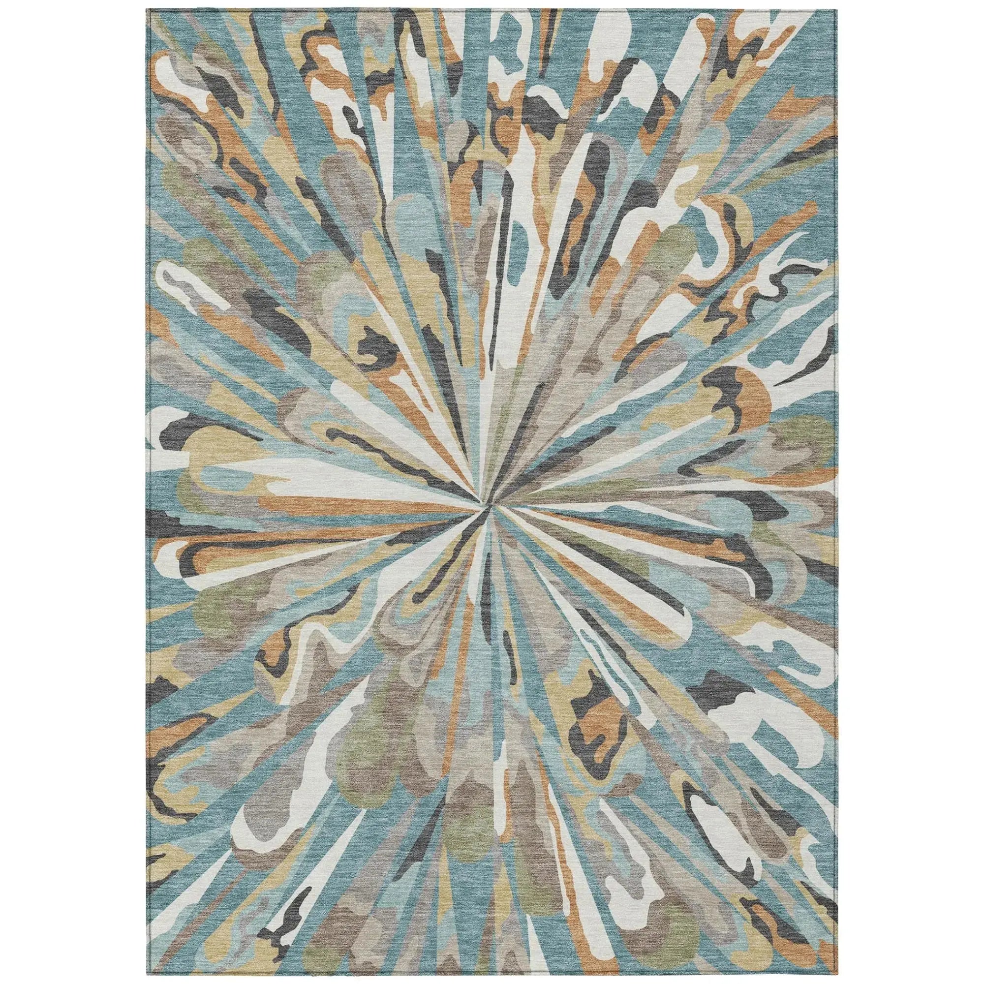 5' X 8' Teal Blue And Beige Abstract Washable Indoor Outdoor Area Rug Homeroots Outdoor