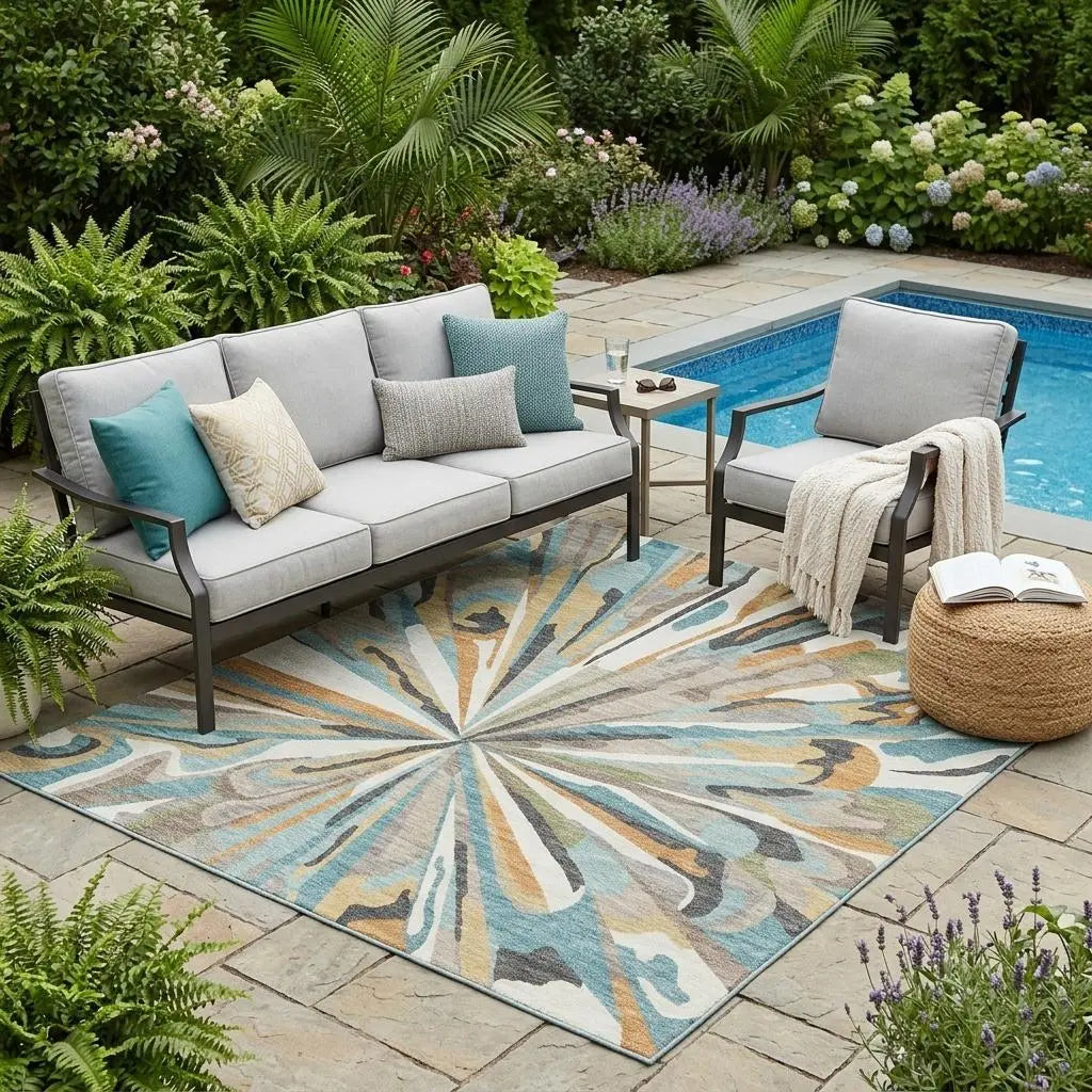 5' X 8' Teal Blue And Beige Abstract Washable Indoor Outdoor Area Rug Homeroots Outdoor