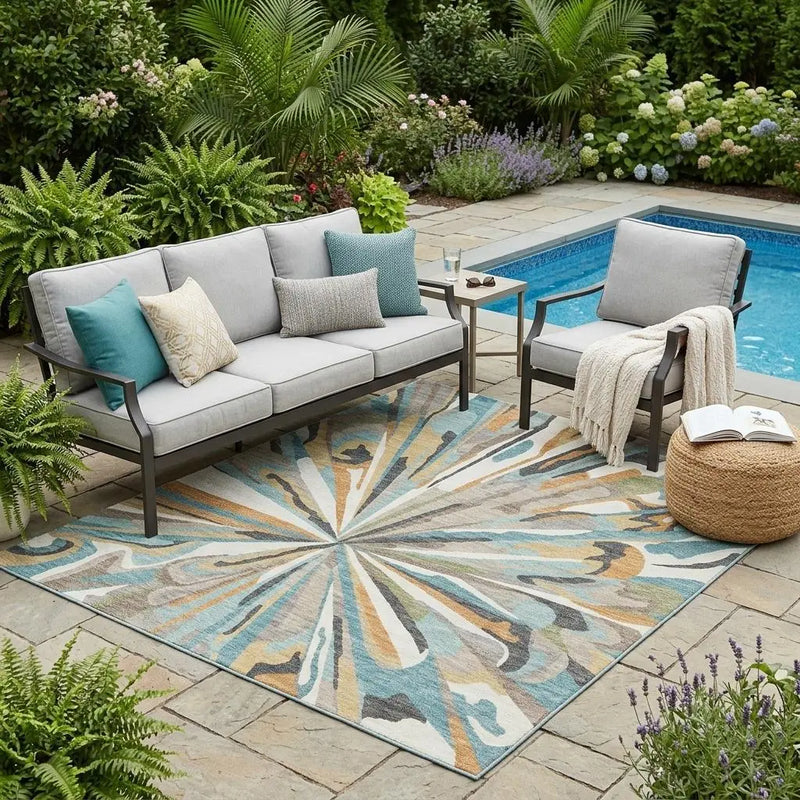 5' X 8' Teal Blue And Beige Abstract Washable Indoor Outdoor Area Rug Homeroots Outdoor