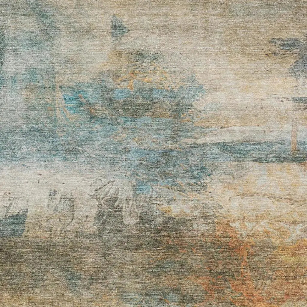 5' X 8' Teal Blue And Beige Abstract Washable Indoor Outdoor Area Rug Homeroots Outdoor