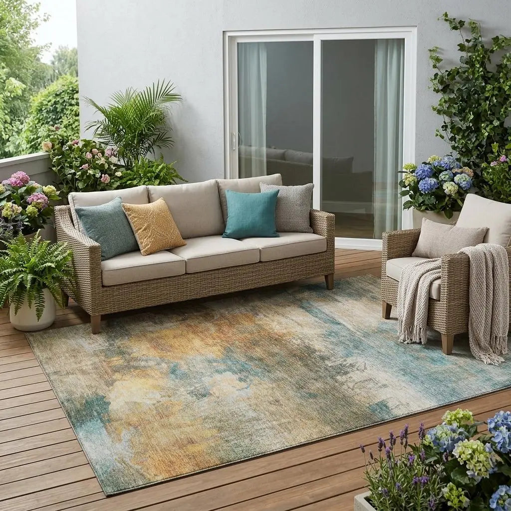 5' X 8' Teal Blue And Beige Abstract Washable Indoor Outdoor Area Rug Homeroots Outdoor