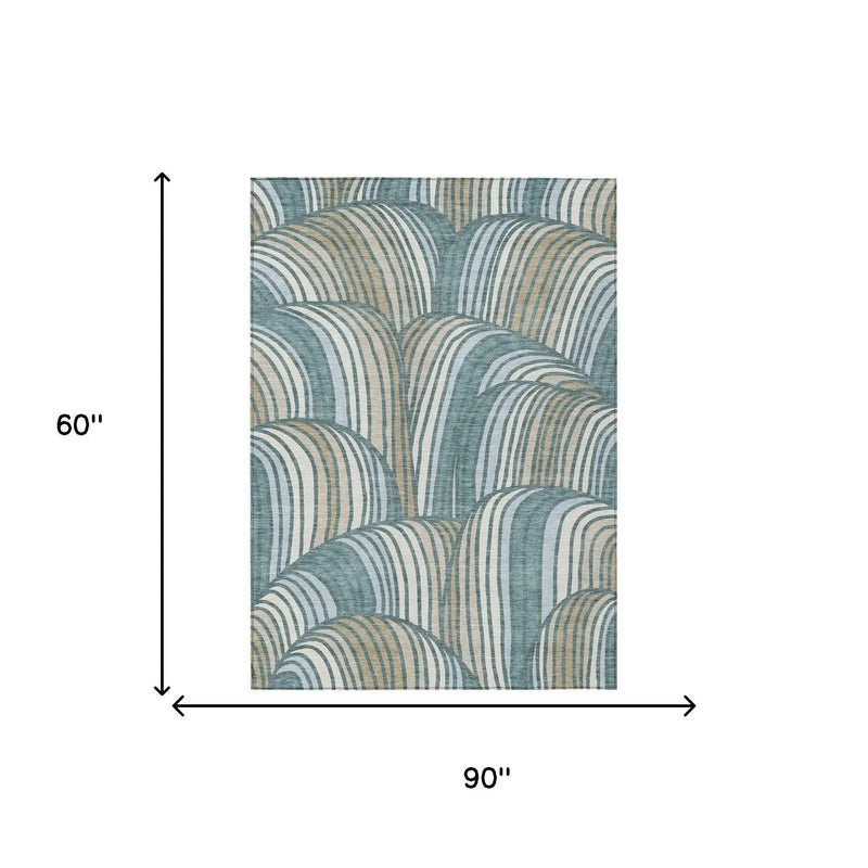 5' X 8' Teal Blue And Beige Abstract Washable Indoor Outdoor Area Rug Homeroots Outdoor