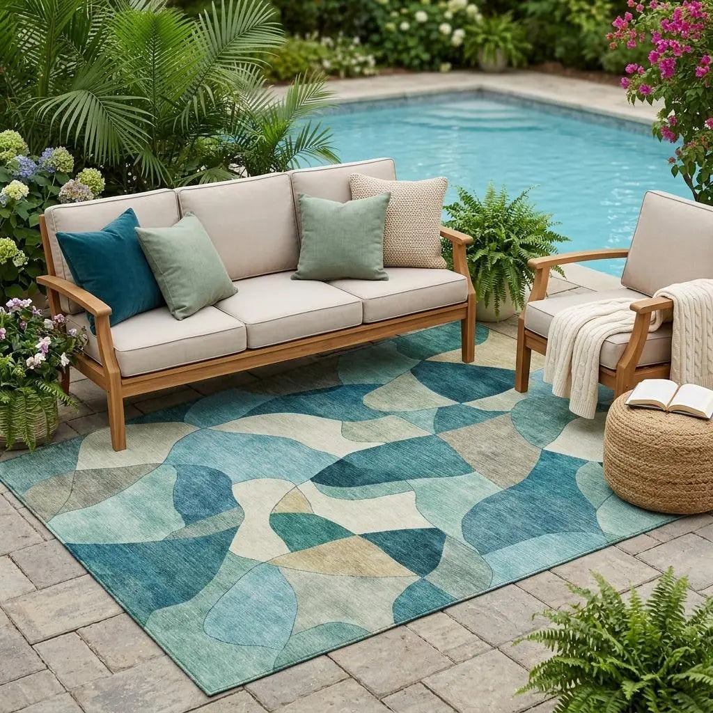 5' X 8' Teal Blue And Beige Abstract Washable Indoor Outdoor Area Rug Homeroots Outdoor