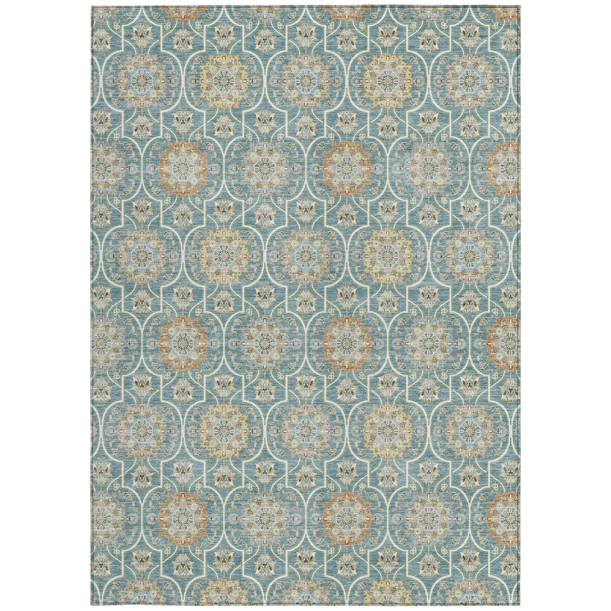 5' X 8' Teal Blue And Beige Floral Medallion Washable Indoor Outdoor Area Rug Homeroots Outdoor