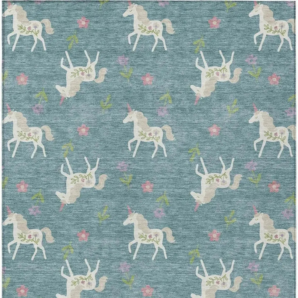 5' X 8' Teal Blue And Beige Floral Washable Indoor Outdoor Area Rug Homeroots Outdoor