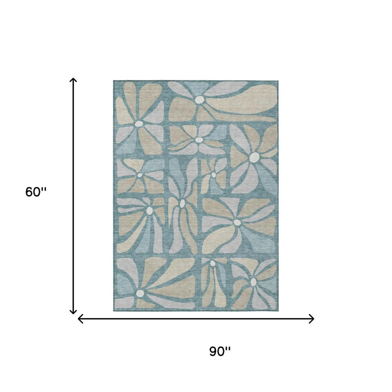 5' X 8' Teal Blue And Beige Floral Washable Indoor Outdoor Area Rug Homeroots Outdoor