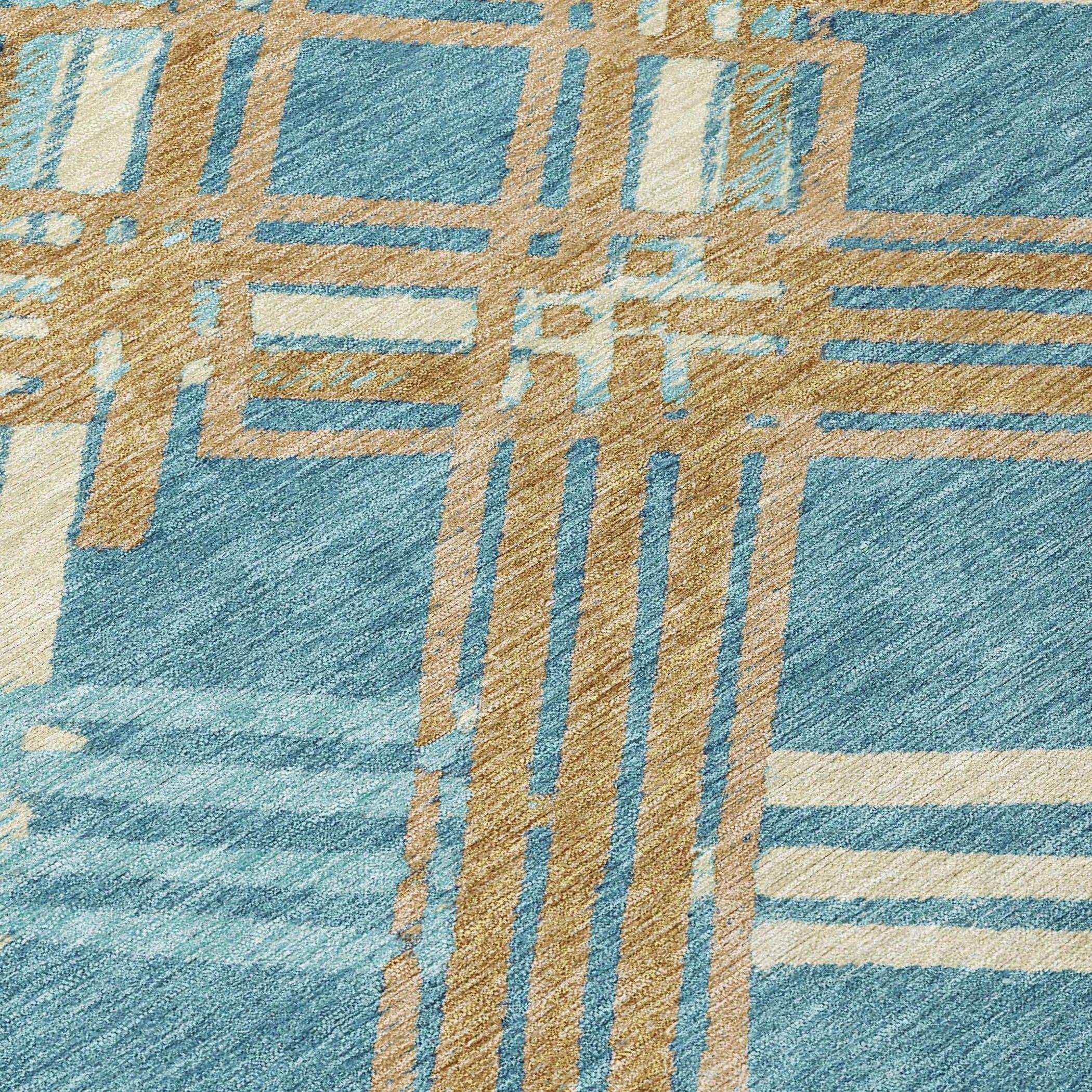 5' X 8' Teal Blue And Beige Geometric Washable Indoor Outdoor Area Rug Homeroots Outdoor