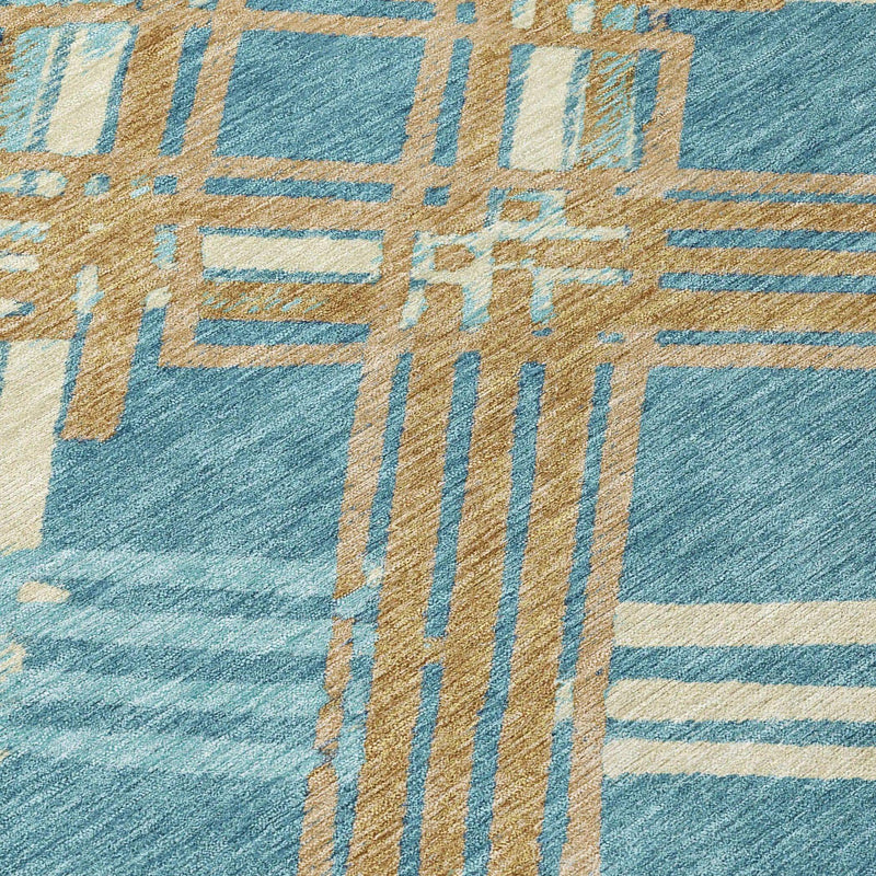 5' X 8' Teal Blue And Beige Geometric Washable Indoor Outdoor Area Rug Homeroots Outdoor
