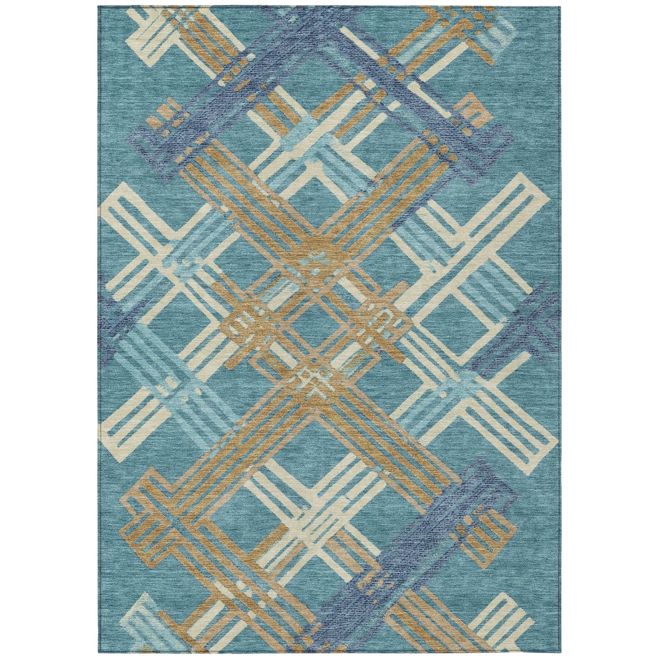 5' X 8' Teal Blue And Beige Geometric Washable Indoor Outdoor Area Rug Homeroots Outdoor