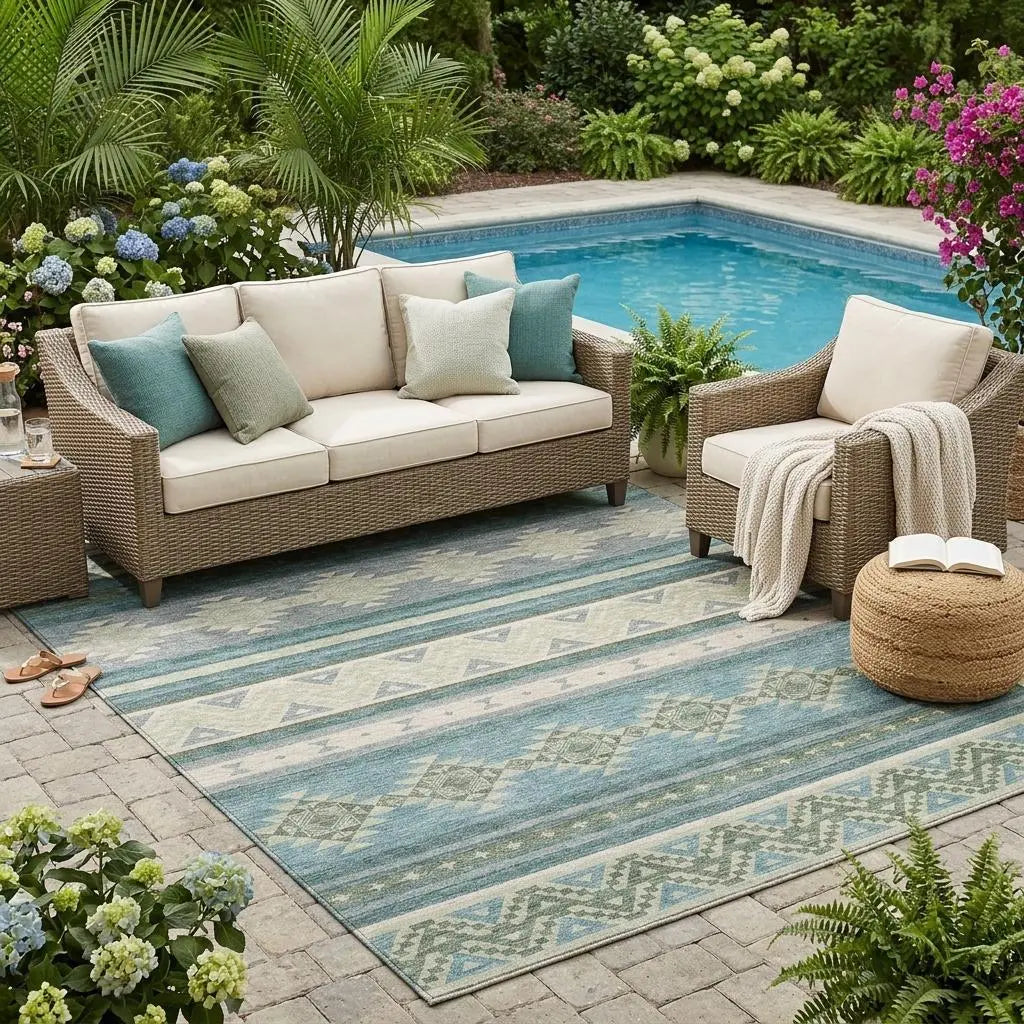 5' X 8' Teal Blue And Beige Southwestern Washable Indoor Outdoor Area Rug Homeroots Outdoor