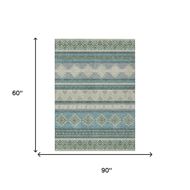 5' X 8' Teal Blue And Beige Southwestern Washable Indoor Outdoor Area Rug Homeroots Outdoor