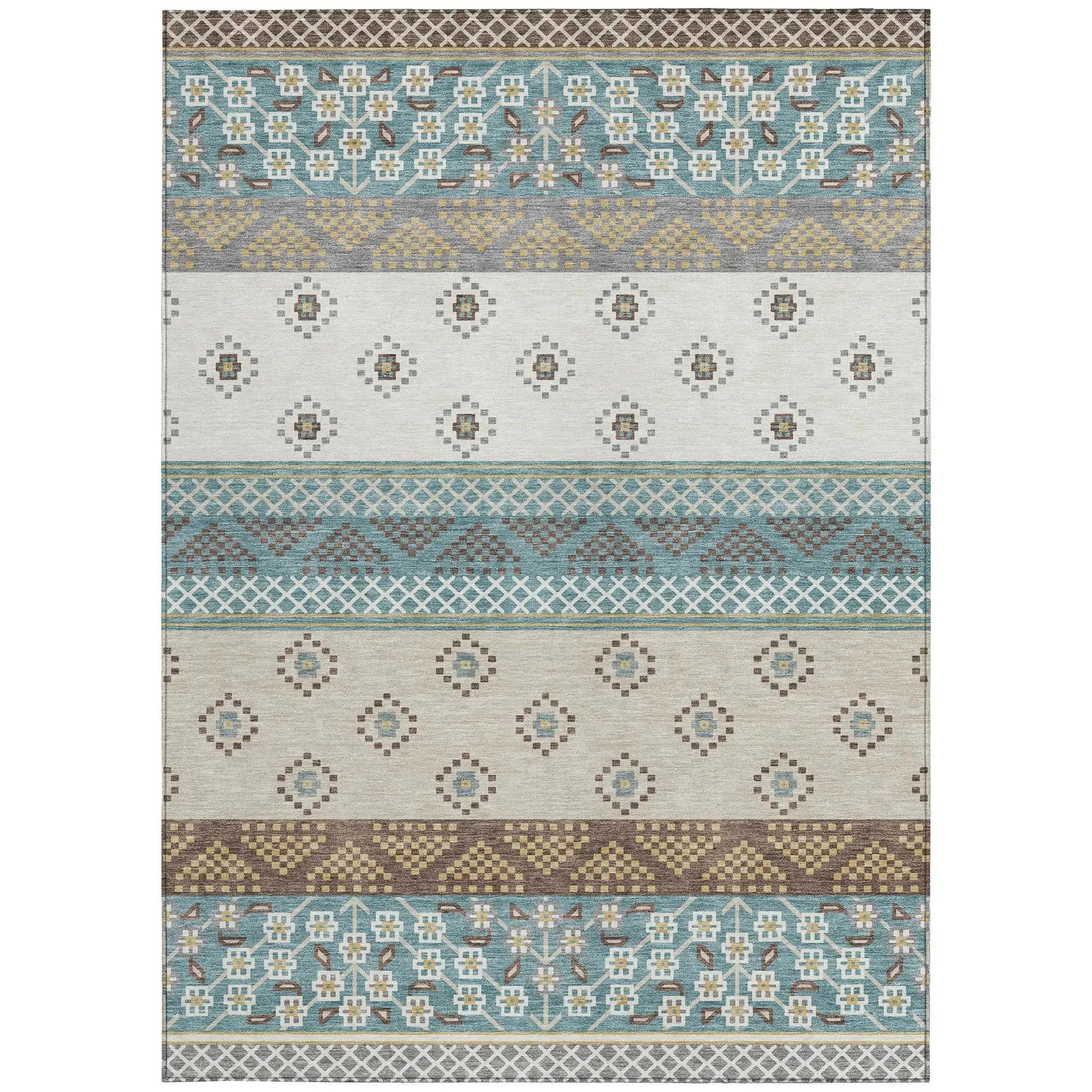 5' X 8' Teal Blue And Beige Striped Washable Indoor Outdoor Area Rug Homeroots Outdoor